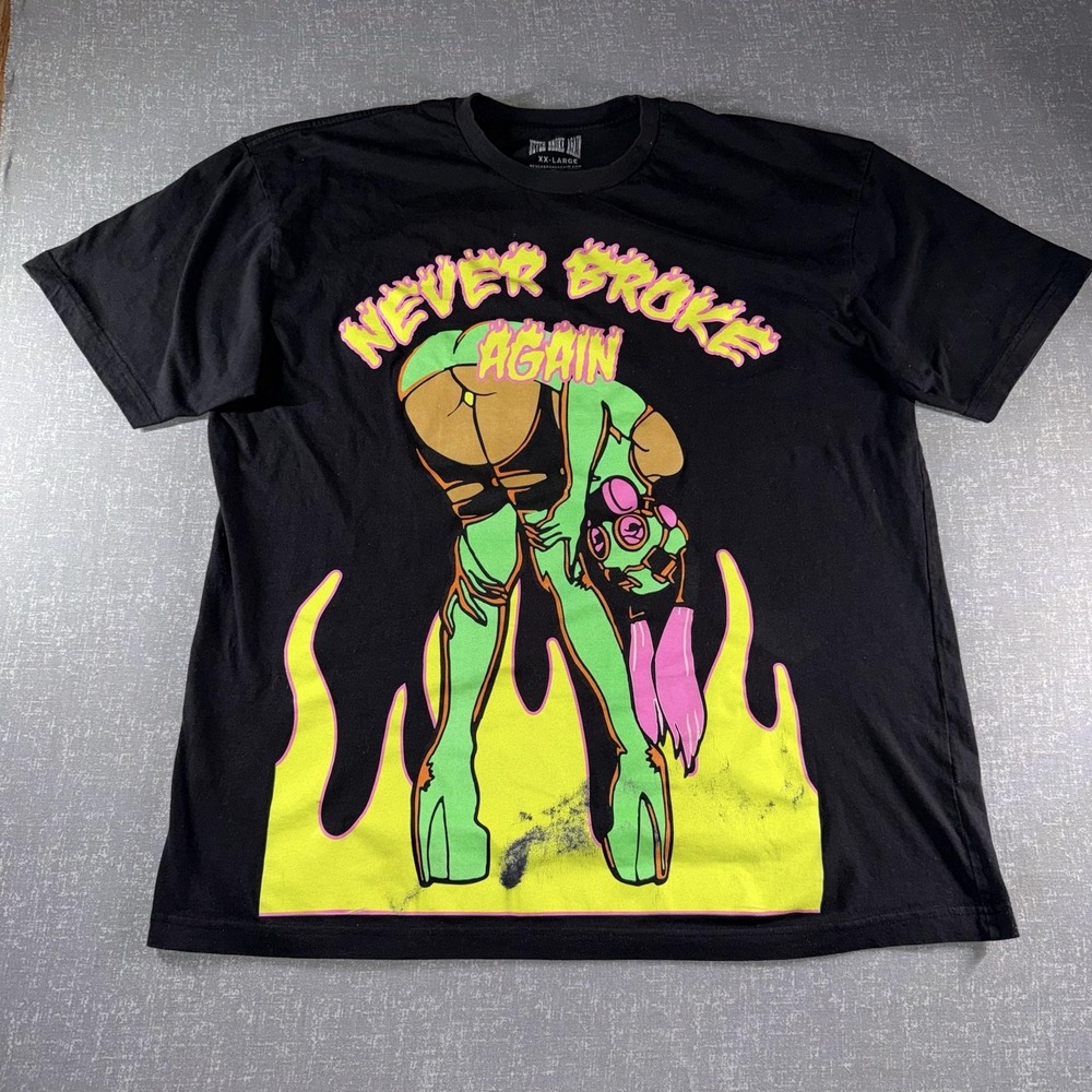 Never Broke Again Shirt Mens 2XL Black Neon Gas Mask Girl Graphic Streetwear Tee